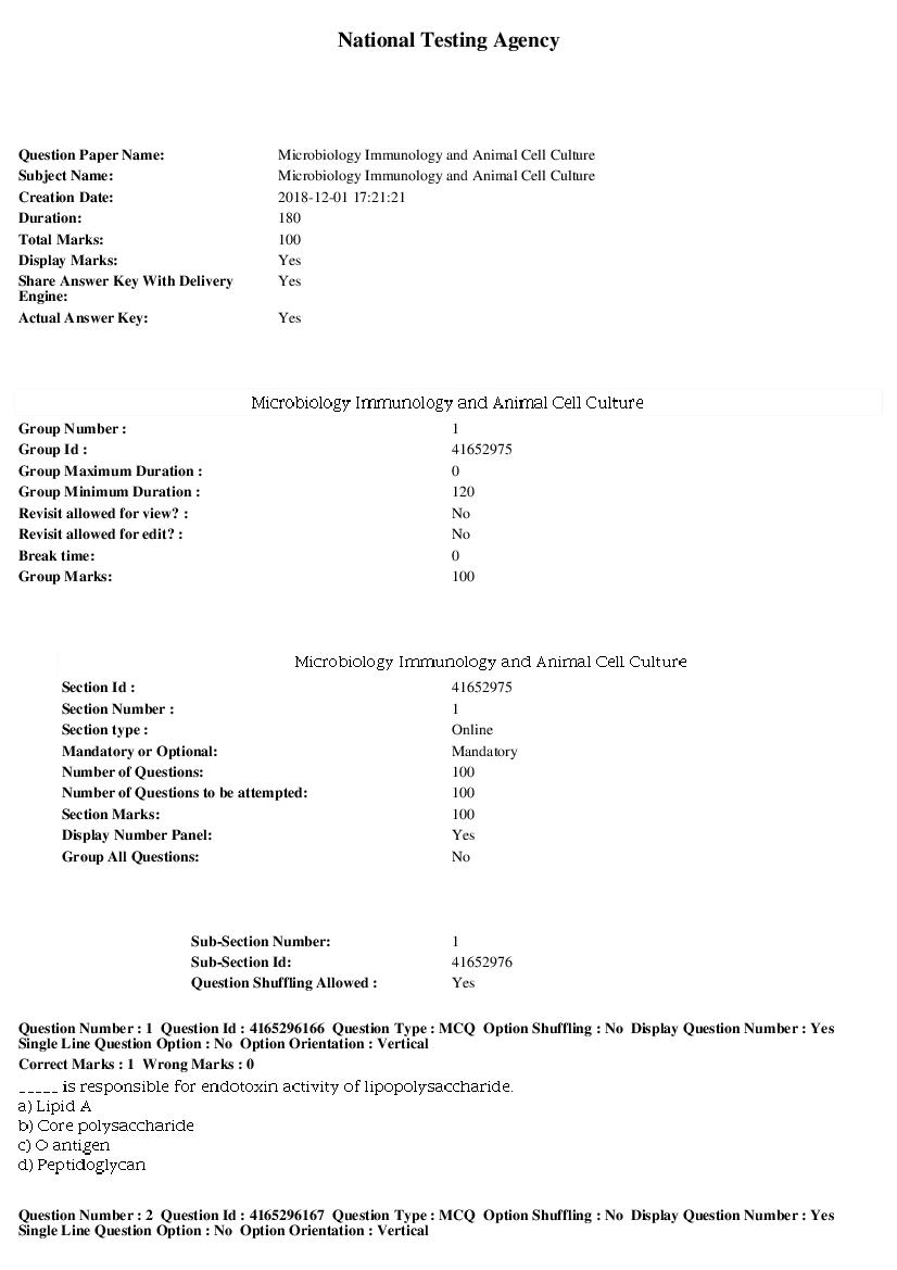 SWAYAM 2018 Question Paper Microbiology Immunology and Animal Cell Culture - Page 1 of 17