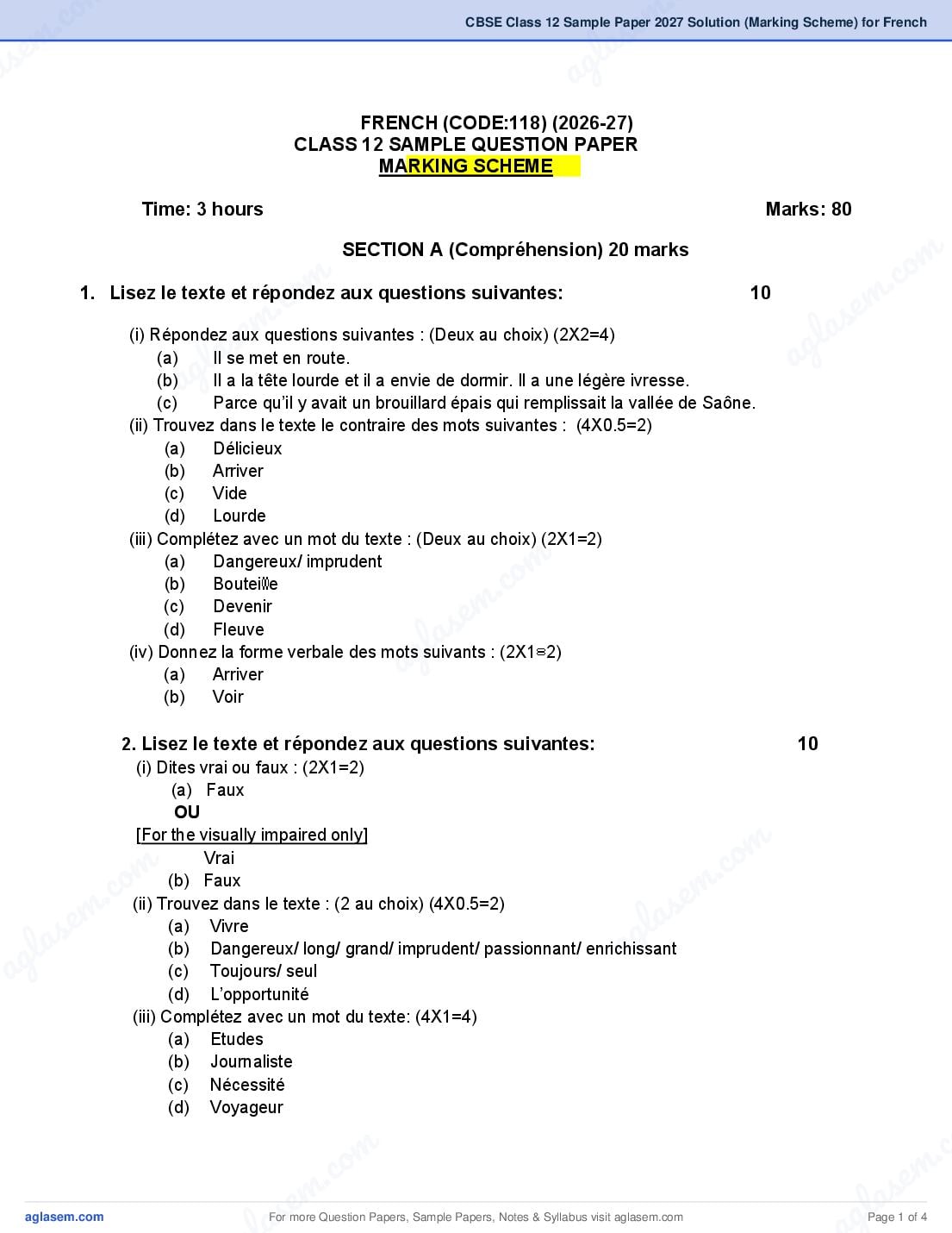 CBSE Class 12 Sample Paper 2027 Solution (Marking Scheme) for French - Page 1 of 4