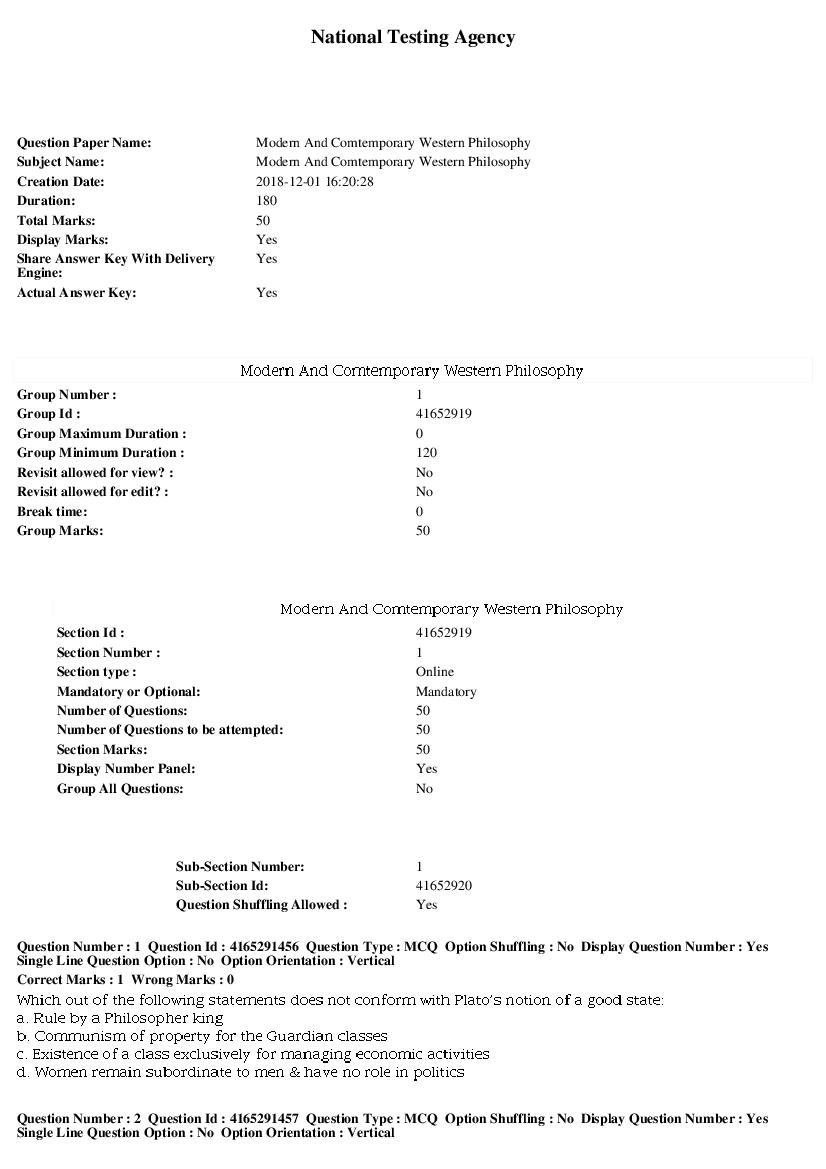 SWAYAM 2018 Question Paper Modern And Comtemporary Western Philosophy - Page 1 of 9