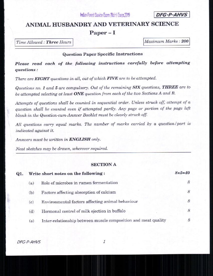 UPSC IFS 2019 Question Paper for Animal Husbandary and Veterinary Science Paper-I - Page 1
