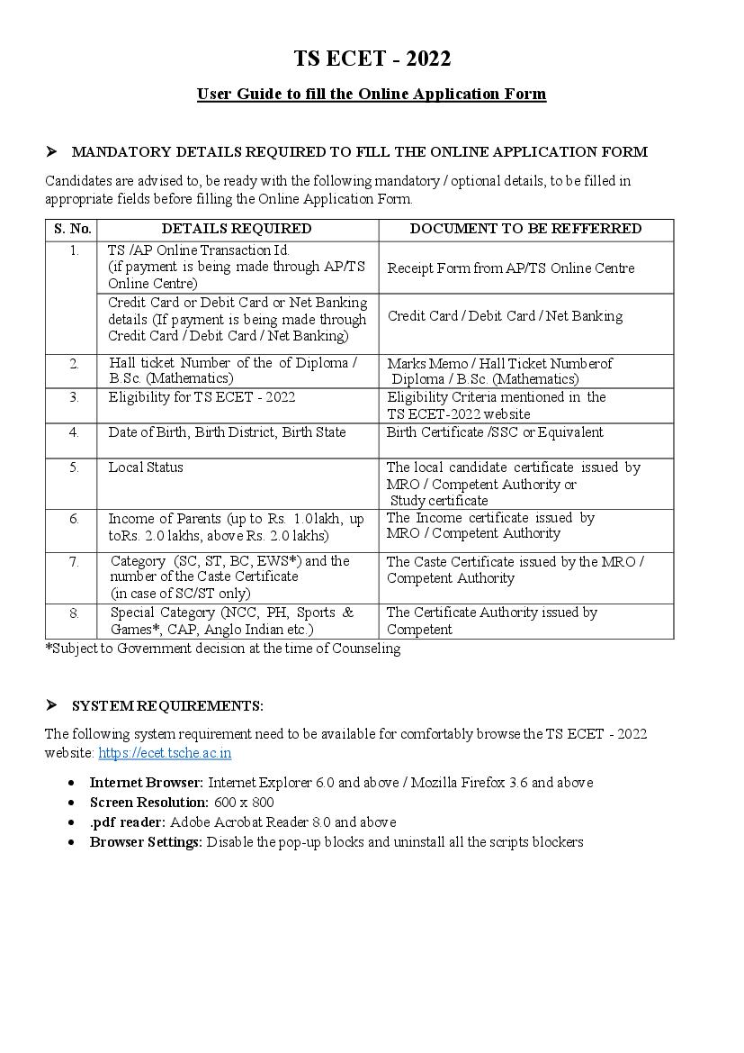 TS ECET 2022 User Guide to fill the Online Application Form - Page 1