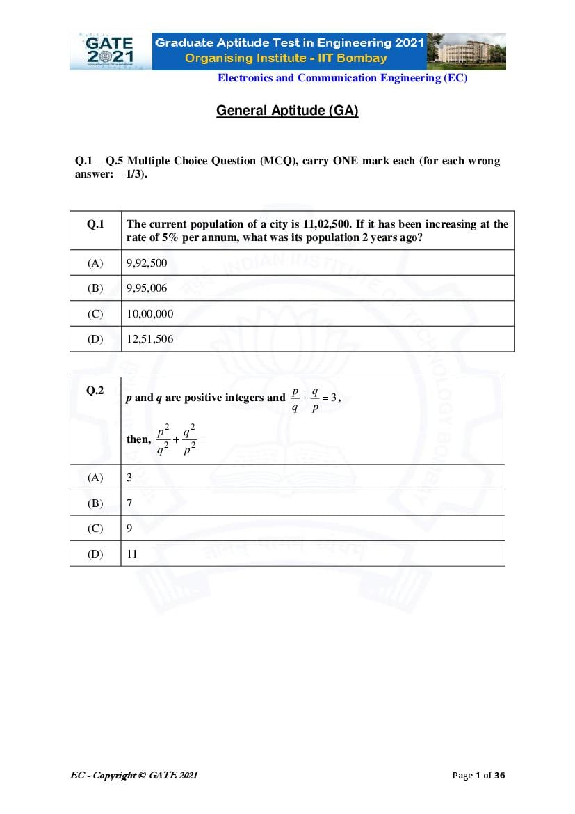 GATE 2021 Question Paper EC Electronics and Communication Engineering - Page 1