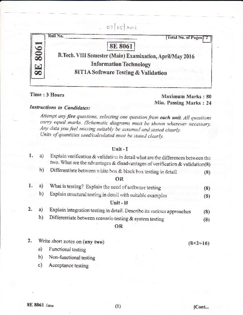 RTU 2016 Question Paper Semester VIII Information Technology Software testing and Validation - Page 1
