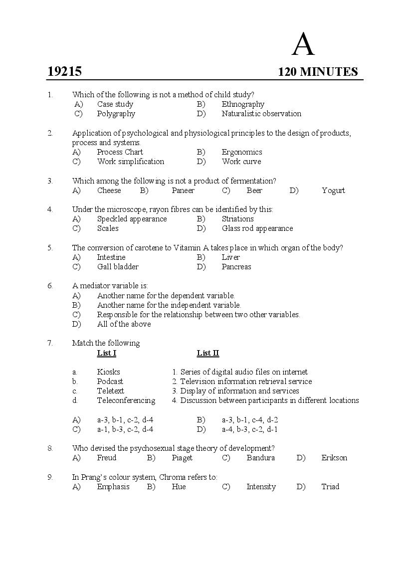Kerala SET 2019 Feb Question Paper Home Science - Page 1 of 14