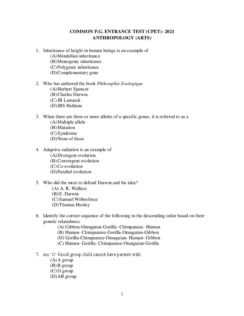 Odisha CPET 2021 Question Paper Anthropology (Arts) - Page 1