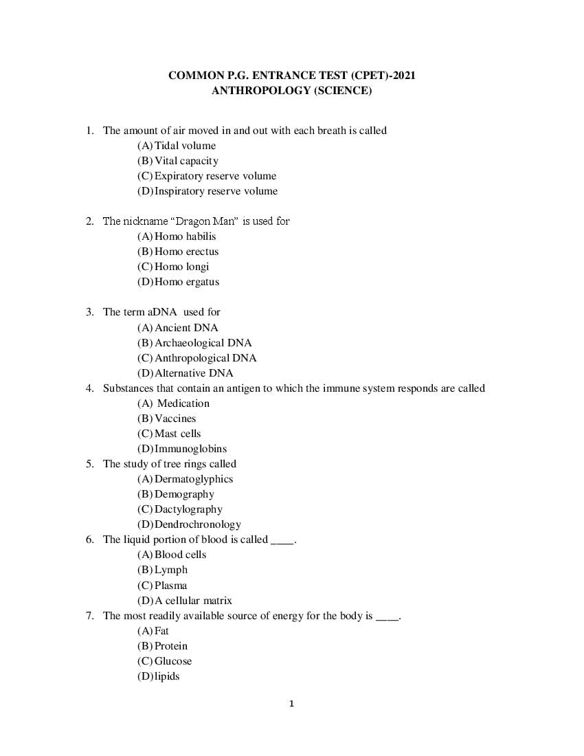 Odisha CPET 2021 Question Paper Anthropology (Science) - Page 1