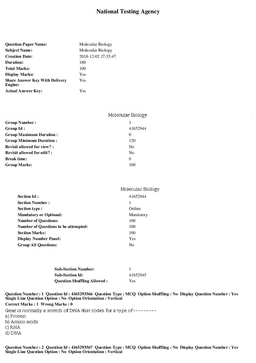 SWAYAM 2018 Question Paper Molecular Biology - Page 1 of 17