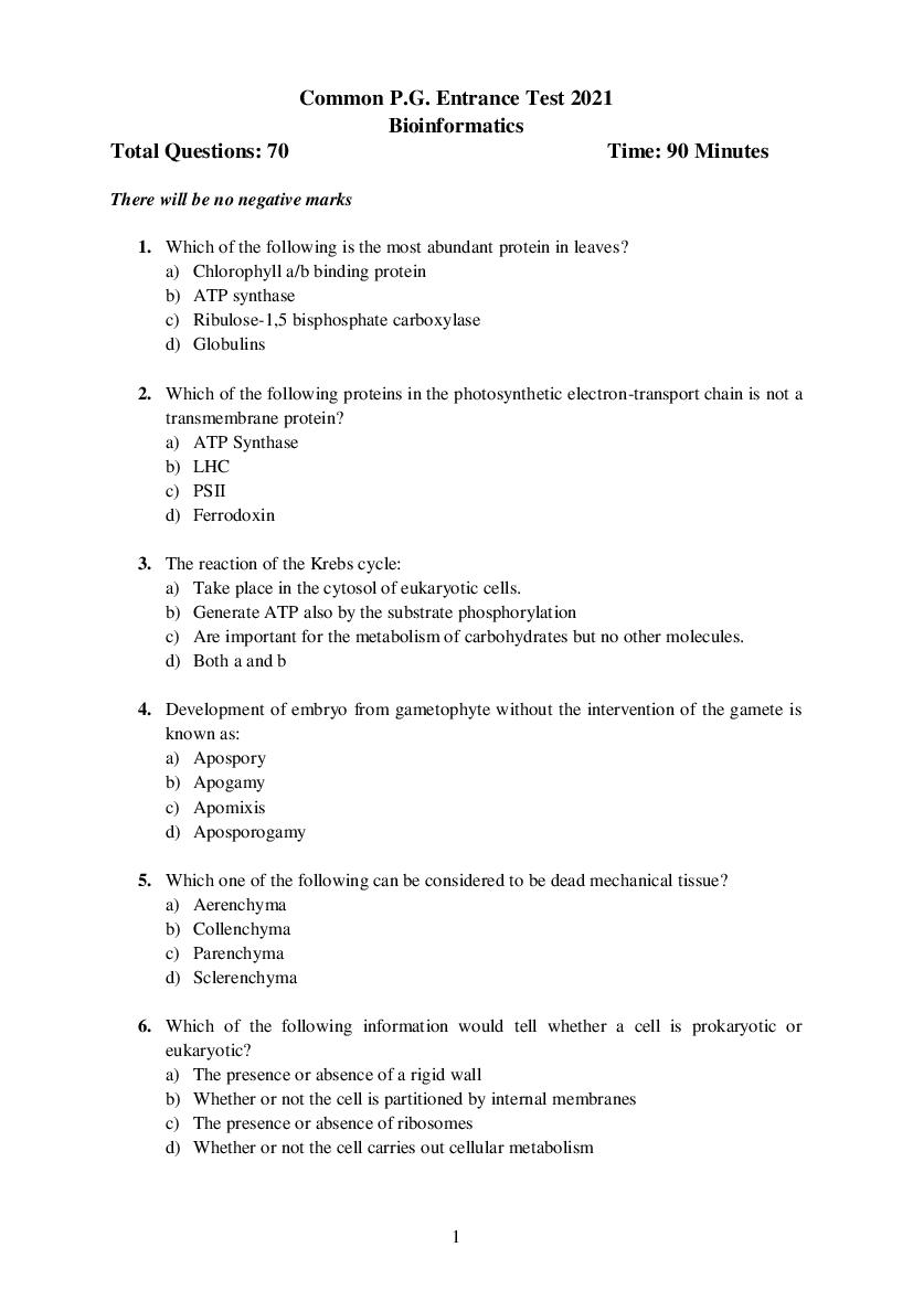 Odisha CPET 2021 Question Paper Bioinformatics - Page 1