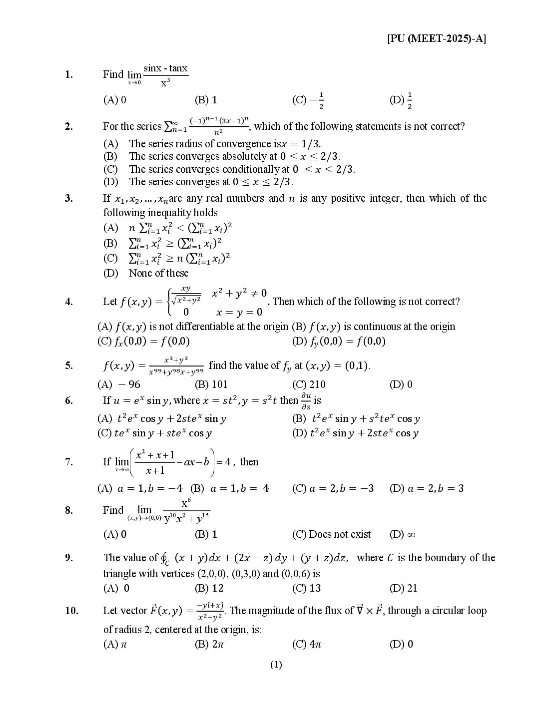 PUMEET 2025 Question Paper - Page 1 of 14