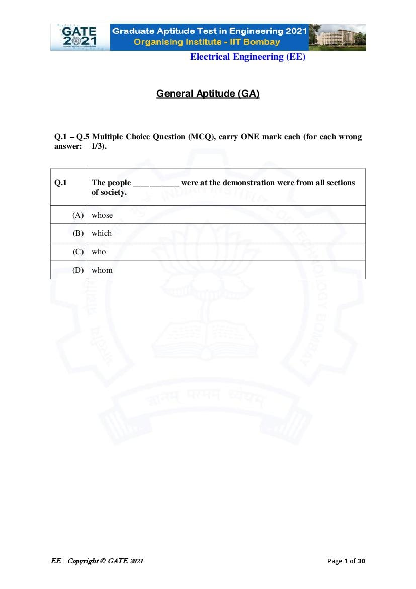 GATE 2021 Question Paper EE Electrical Engineering - Page 1