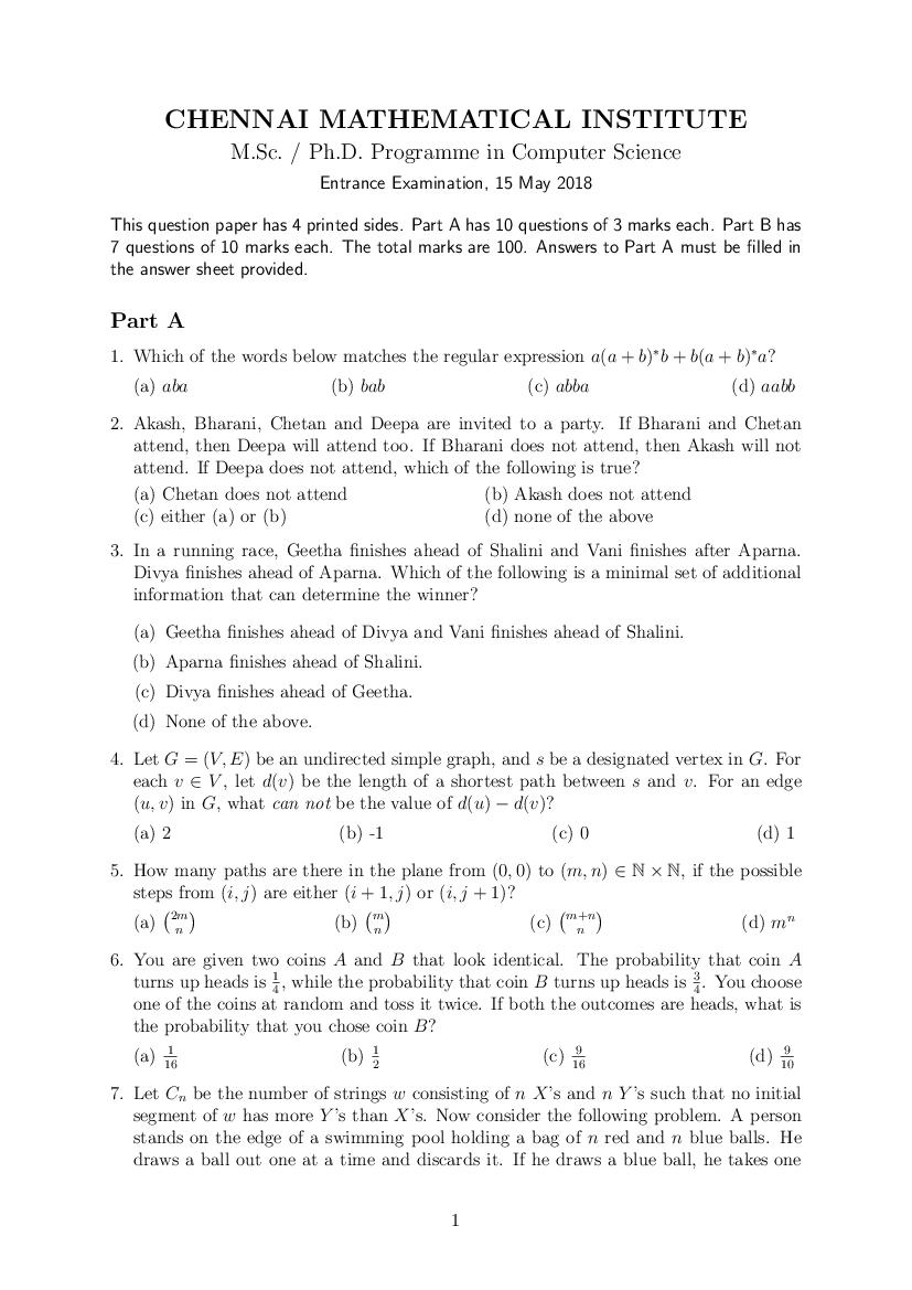 CMI Entrance Exam 2018 Question Paper for M.Sc or Ph.D Computer Science - Page 1