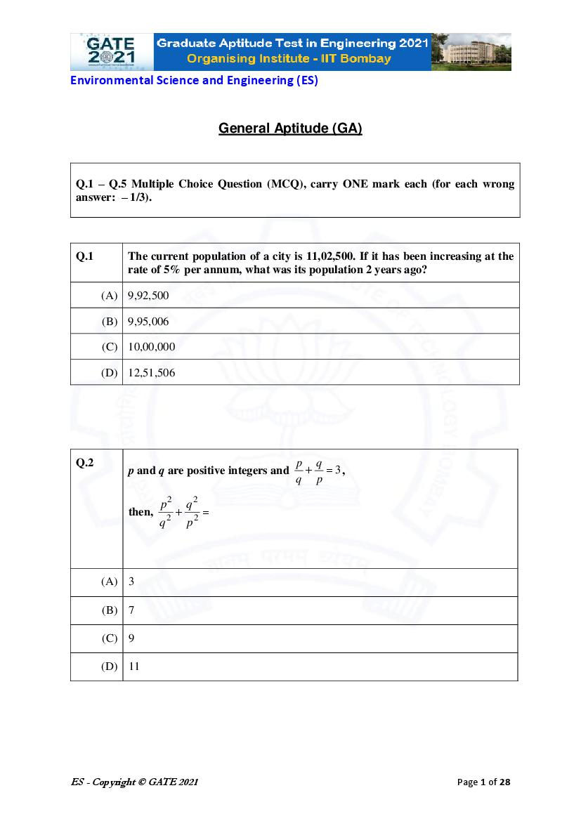 GATE 2021 Question Paper ES Environmental Science and Engineering - Page 1