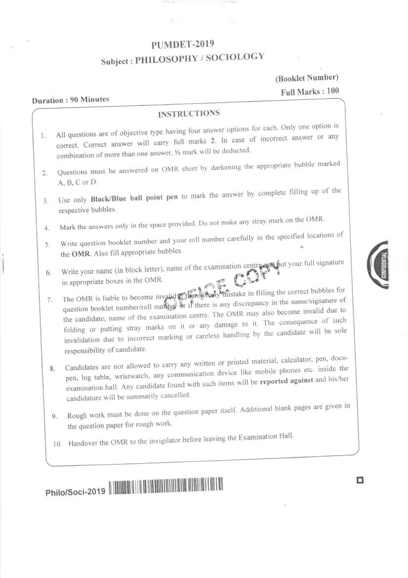 PUMDET 2019 Question Paper Philosophy Sociolology - Page 1