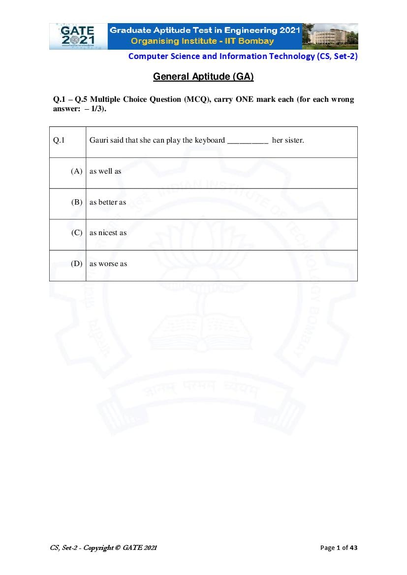 GATE 2021 Question Paper CS Computer Science 2 - Page 1