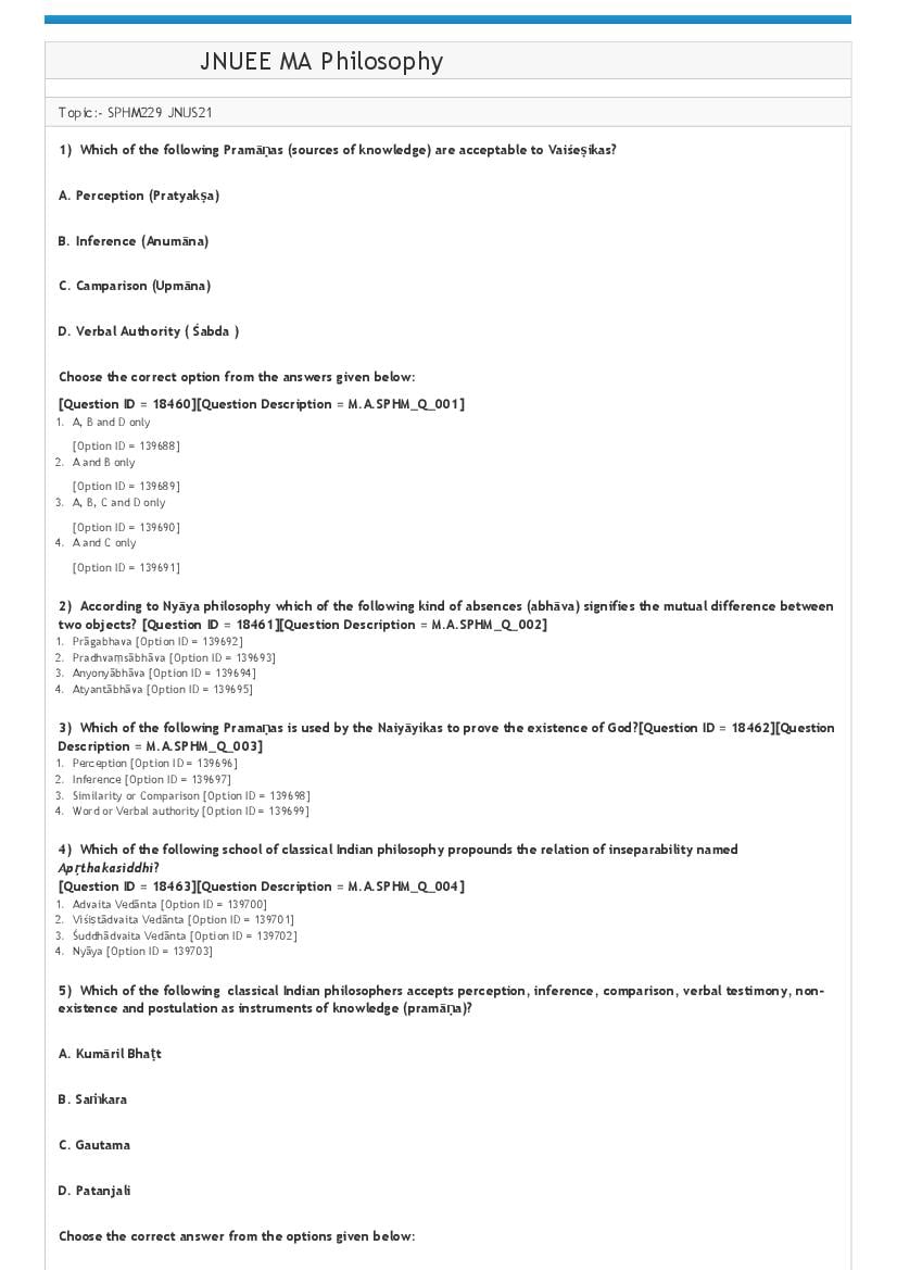 JNUEE 2021 Question Paper MA Philosophy - Page 1