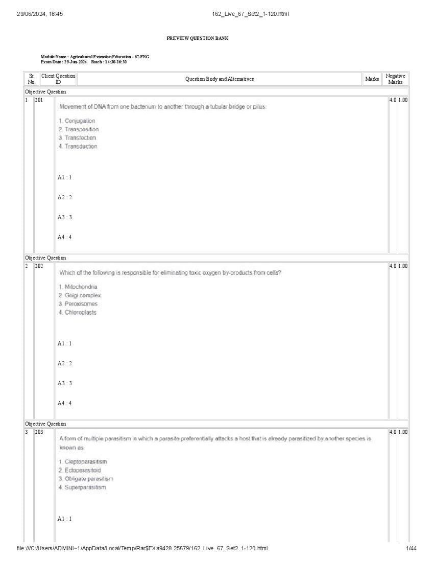 ICAR AICE JRF SRF (Ph.D) 2024 Question Paper Agricultural Extension Education - Page 1 of 44