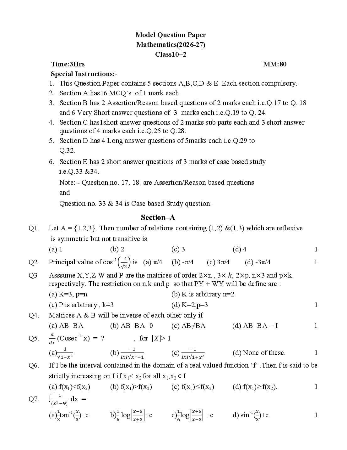 HP Board 12th Class Model Question Paper 2027 Mathematics - Page 1 of 9