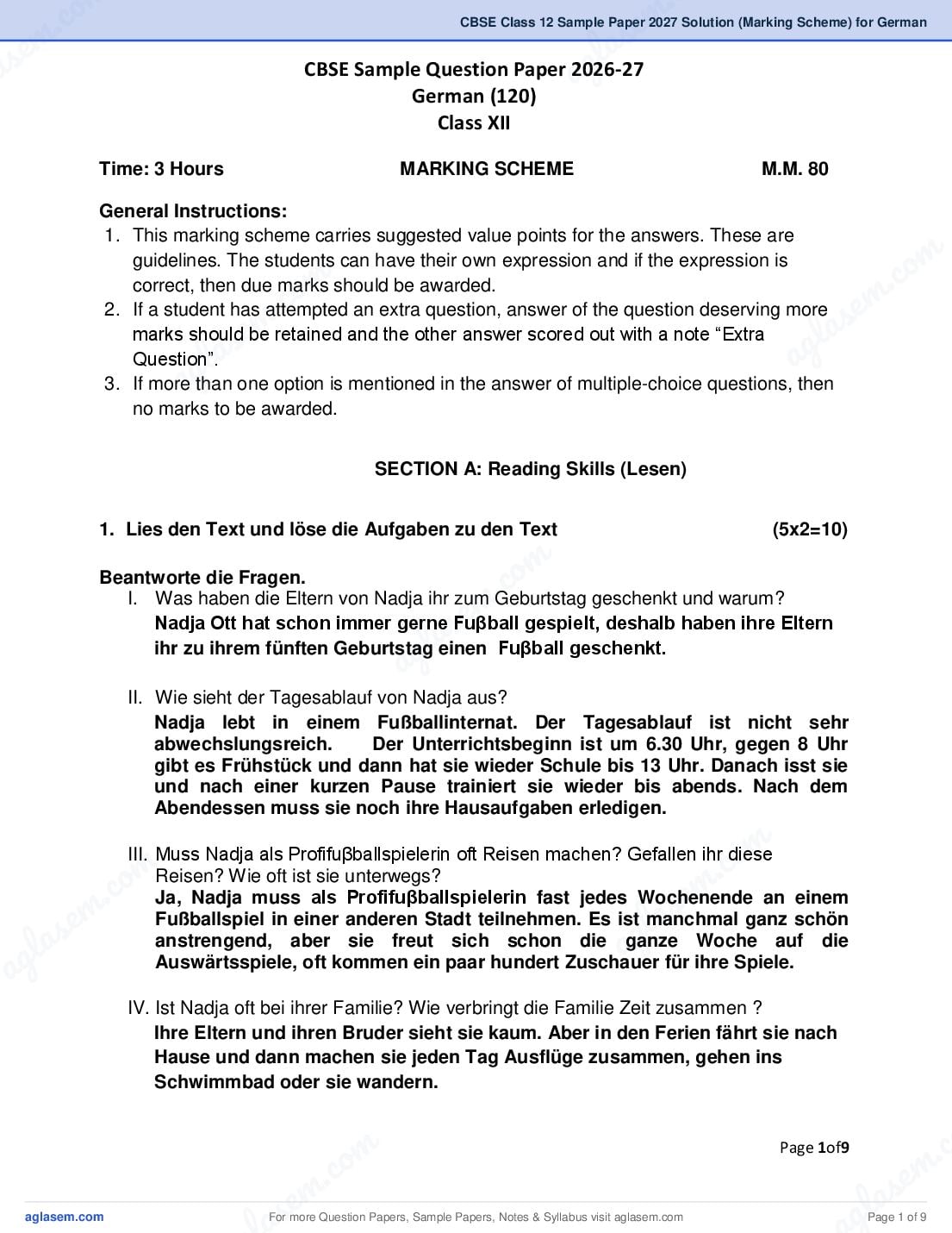 CBSE Class 12 Sample Paper 2027 Solution (Marking Scheme) for German - Page 1 of 9