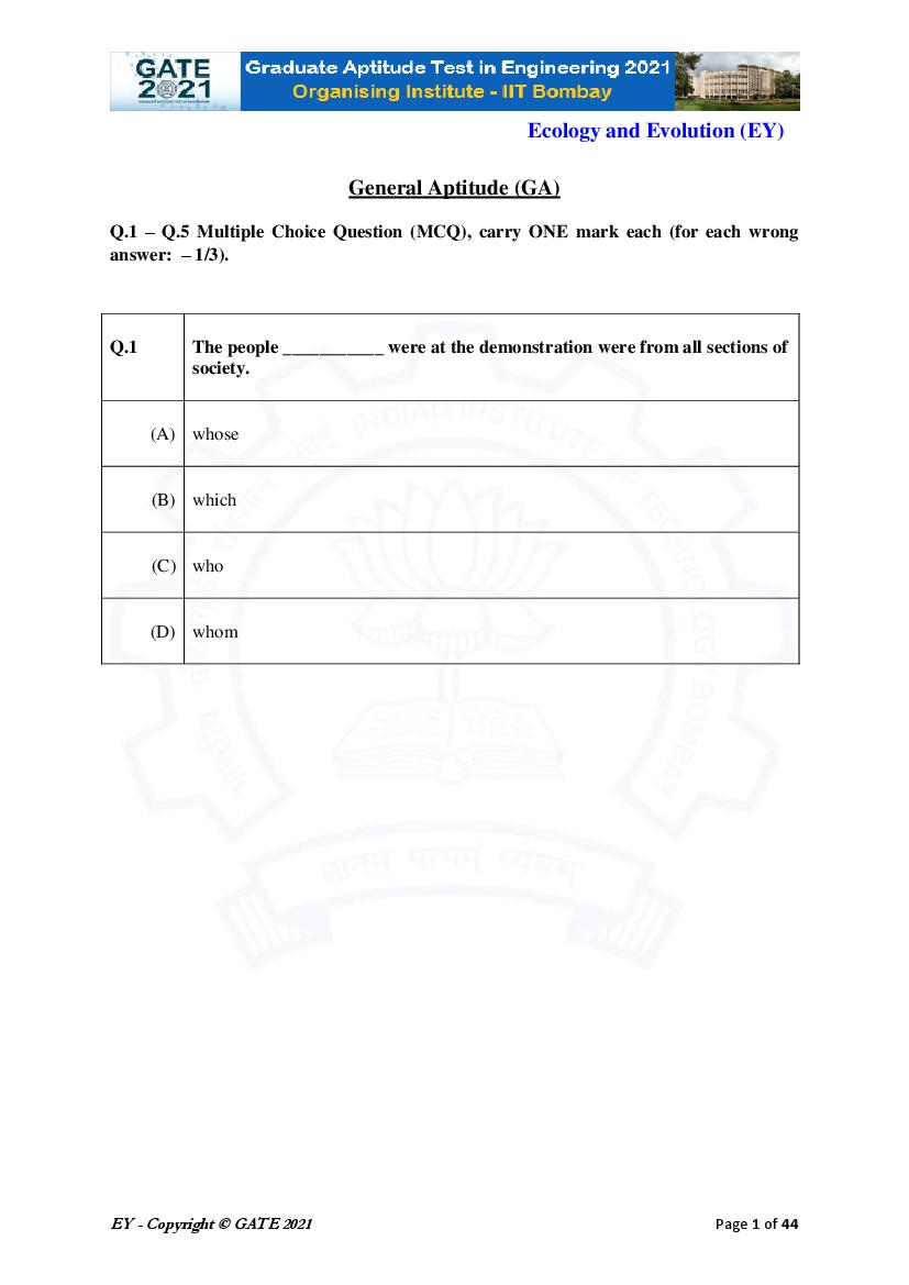 GATE 2021 Question Paper EY Ecology and Evolution - Page 1