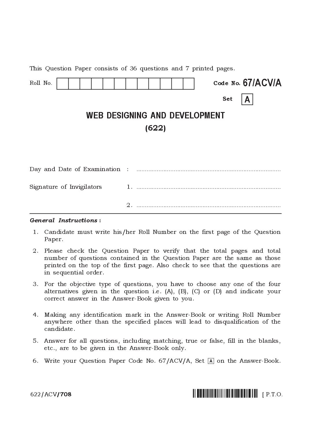 NIOS Class 12 April 2024 Question Paper Web Designing and Development - Page 1 of 7