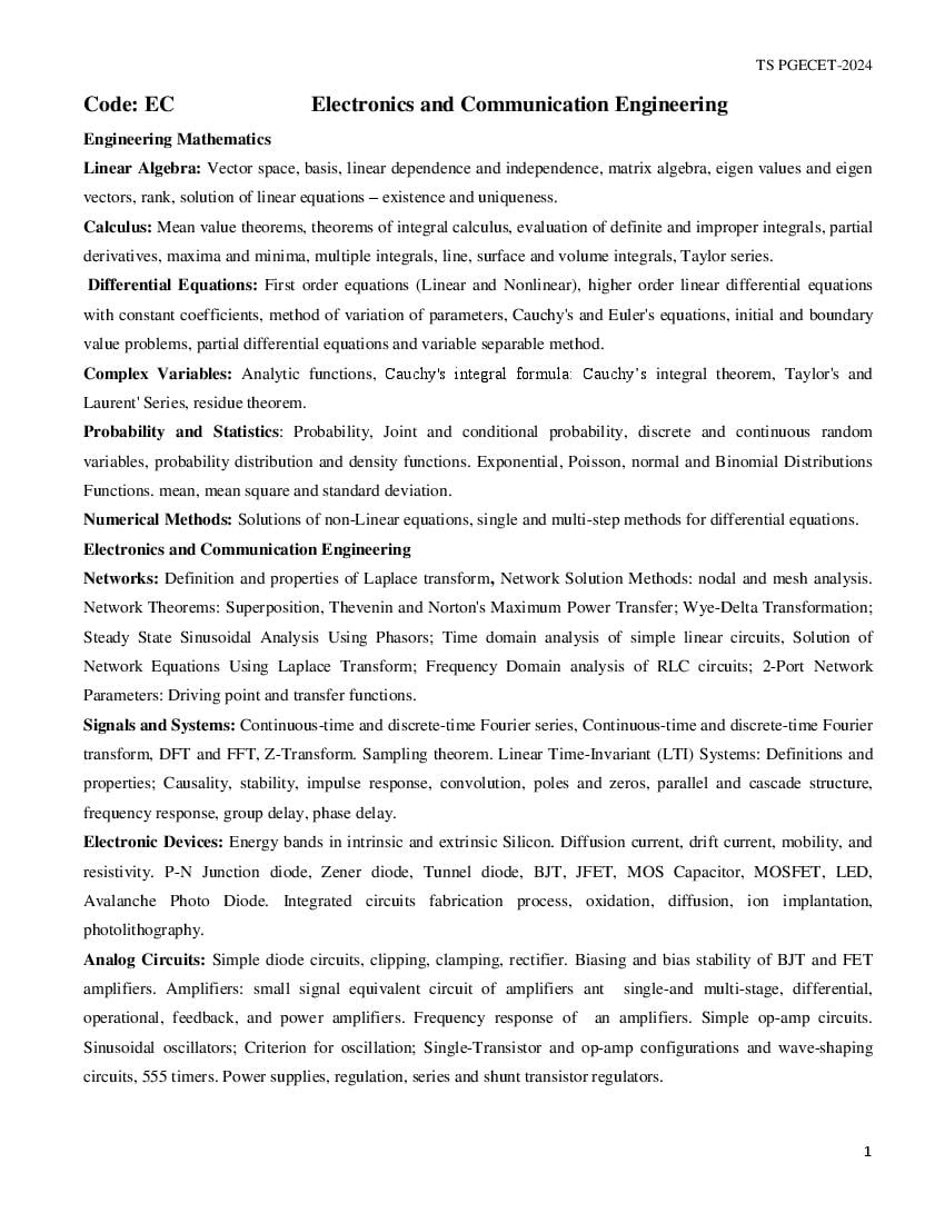 TS PGECET 2024 Syllabus Electronics and Communication Engineering - Page 1