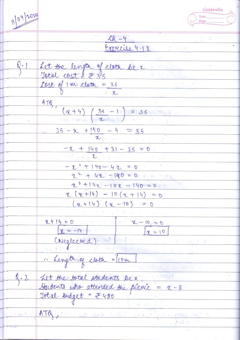RD Sharma Solutions Class 10 Chapter 4 Quadratic Equations Exercise 4.13 - Page 1