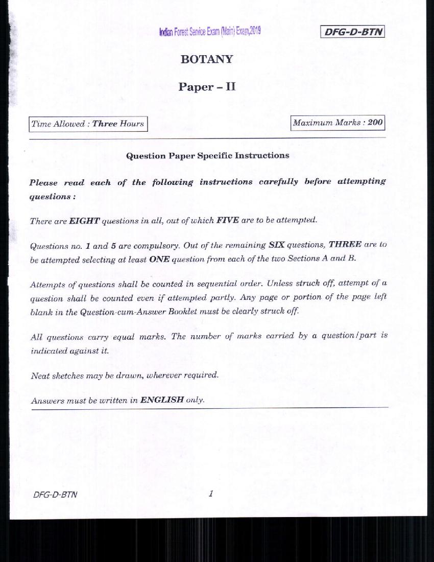 UPSC IFS 2019 Question Paper for Botany Paper-II - Page 1