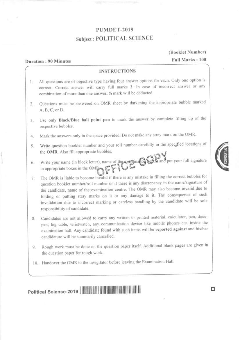 PUMDET 2019 Question Paper Political Science - Page 1