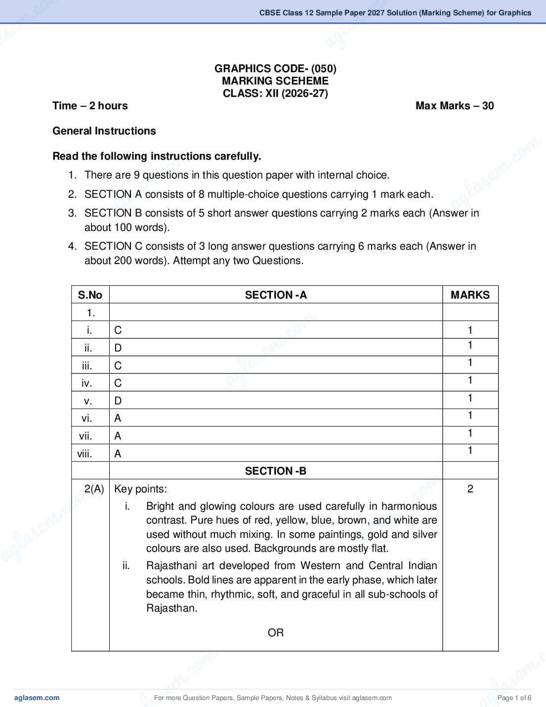 CBSE Class 12 Sample Paper 2027 Solution (Marking Scheme) for Graphics - Page 1 of 6
