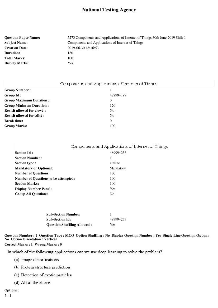 ARPIT 2019 Question Paper for Components and Applications of Internet of Things Shift 1 - Page 1 of 9
