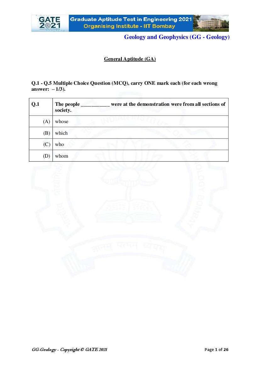 GATE 2021 Question Paper GG Geology - Page 1