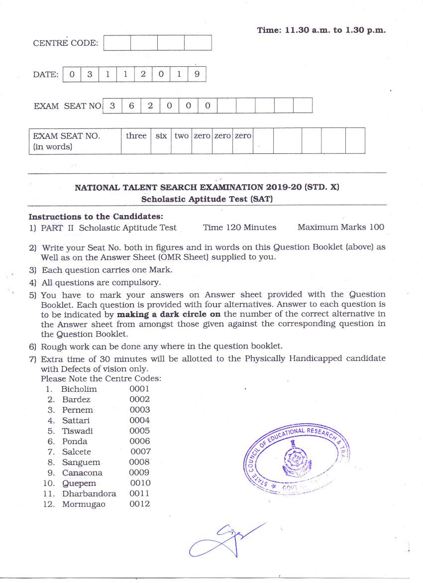 Goa NTSE 2019-20 Question Paper with Answer Key SAT - Page 1