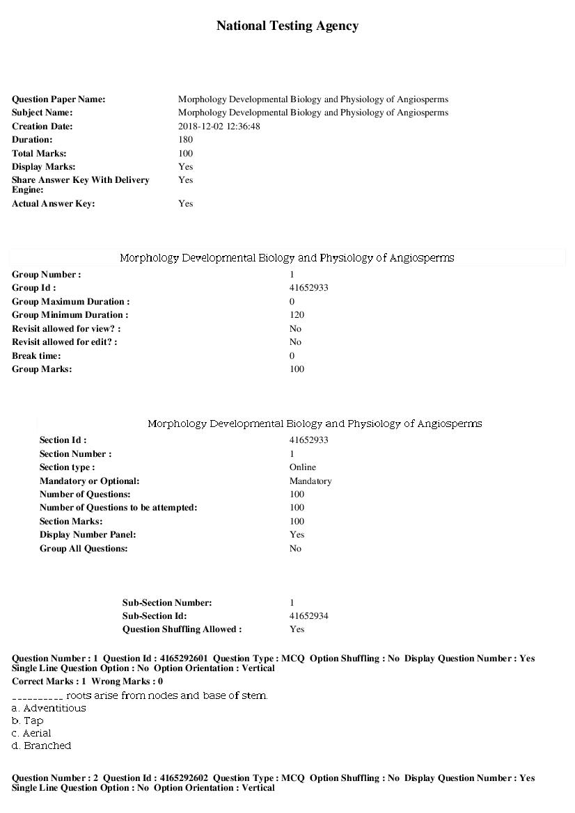 SWAYAM 2018 Question Paper Morphology Developmental Biology and Physiology of Angiosperms - Page 1 of 17