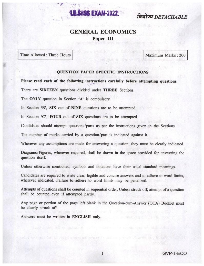 UPSC IES ISS 2022 Question Paper Economics Paper 3 - Page 1