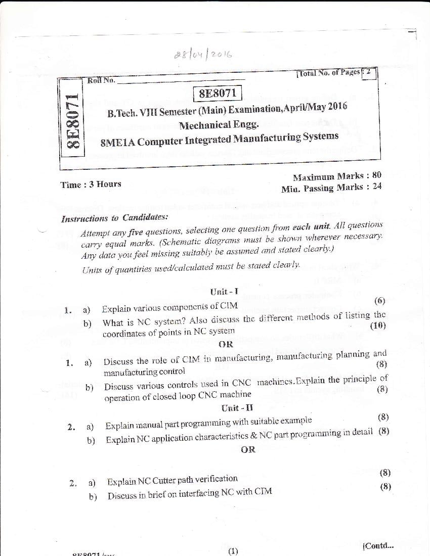 RTU 2016 Question Paper Semester VIII Mechanical Engineering Computer Integrated Manufacturing Systems - Page 1