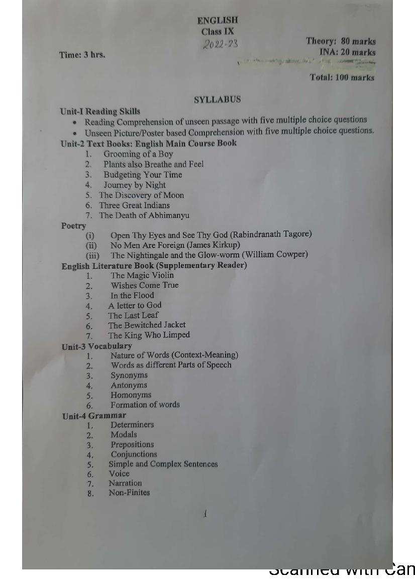 PSEB 9th Class Syllabus 2023 English