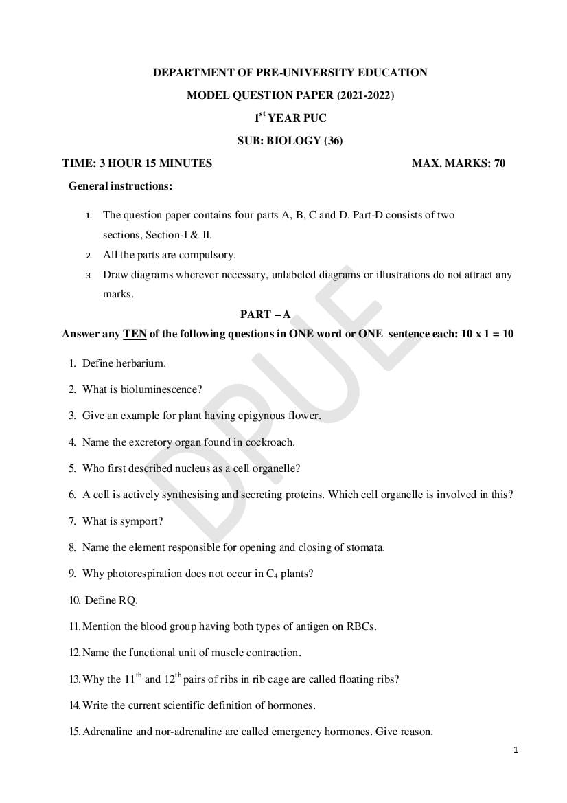 Karnataka 1st PUC Model Question Paper 2022 for Biology (English Medium) - Page 1