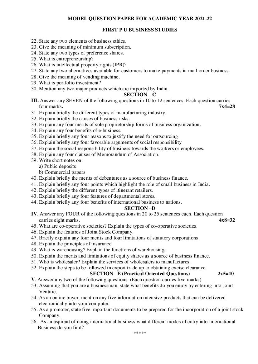 2nd Puc Model Question Paper With Answers 2022