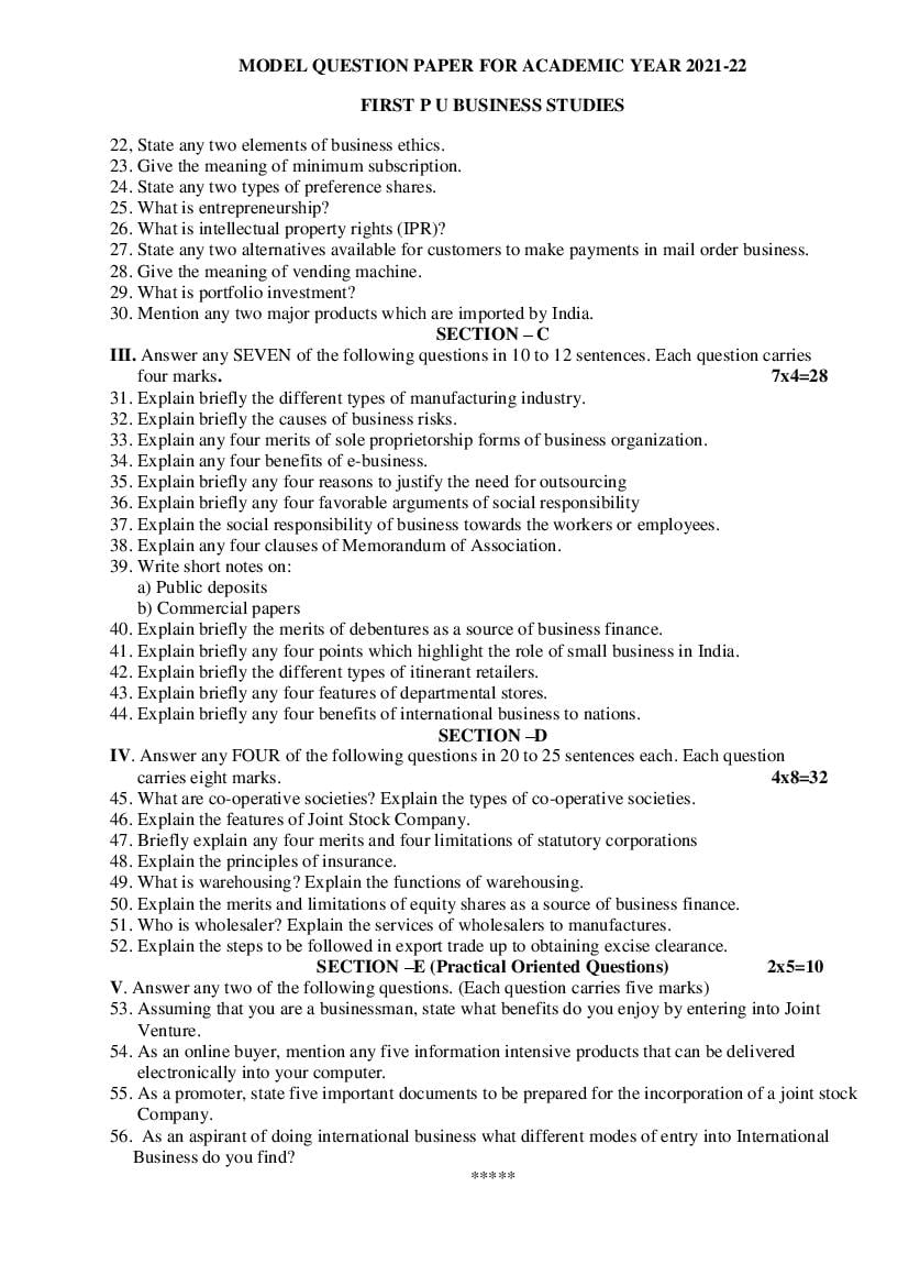 Karnataka 1st PUC Model Question Paper For Business Studies 2022