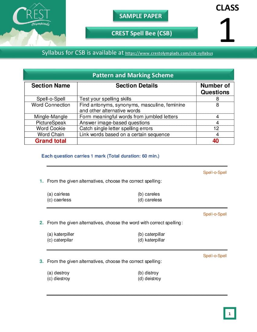 CREST International Spell Bee (CSB) Class 1 Sample Paper - Page 1