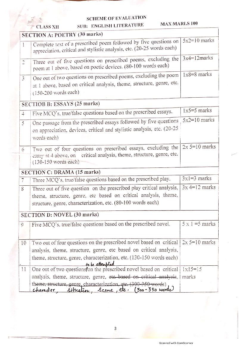 JKBOSE Class 12 Model Question Paper 2021 for English Literature - Page 1