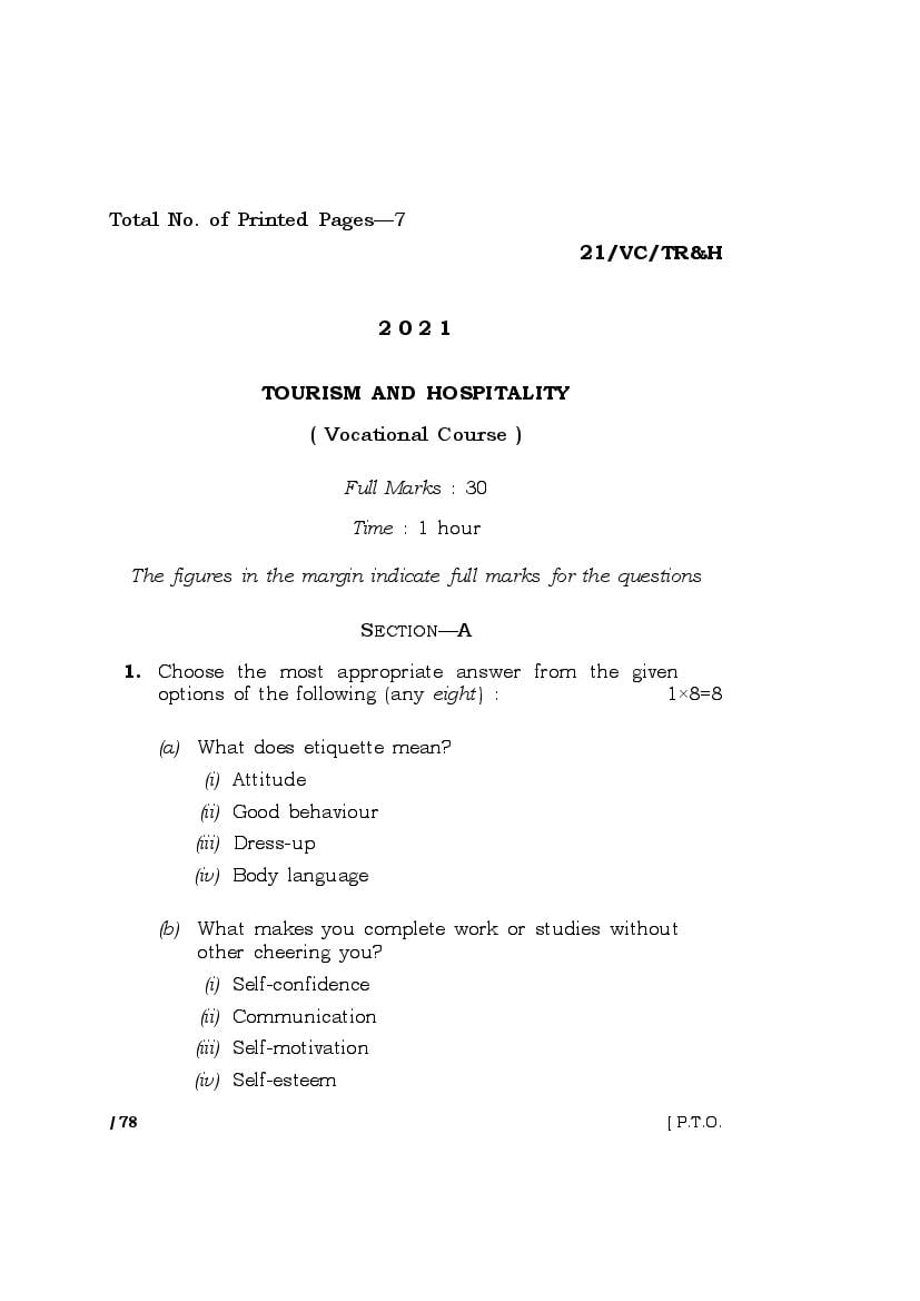 MBOSE Class 10 Question Paper 2021 for Tourism and Hospitality - Page 1