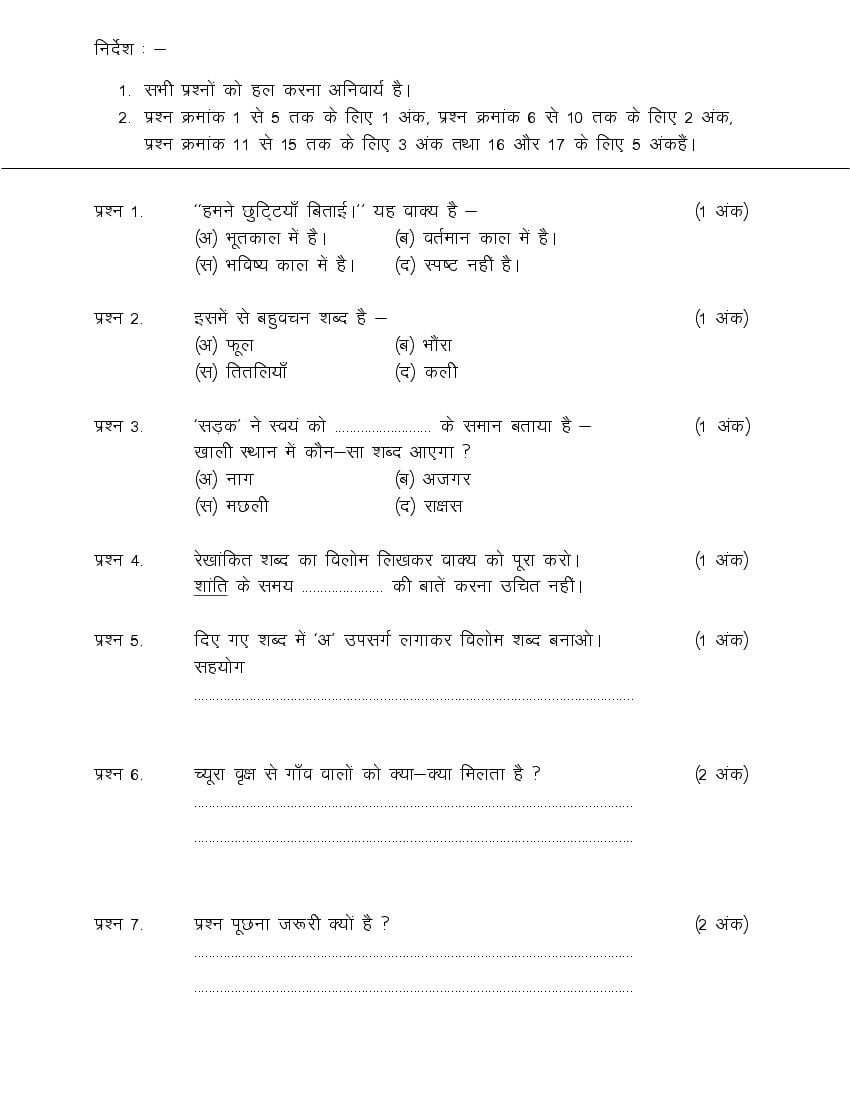 CG Board Class 5 Hindi Question Paper PDF CGBSE 5th Question Paper 