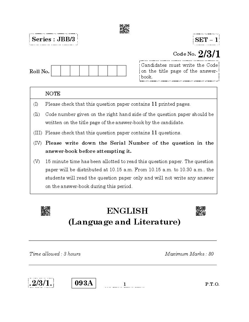 CBSE Class 10 English Language and Literature Question Paper 2020 Set 2-3-1 - Page 1