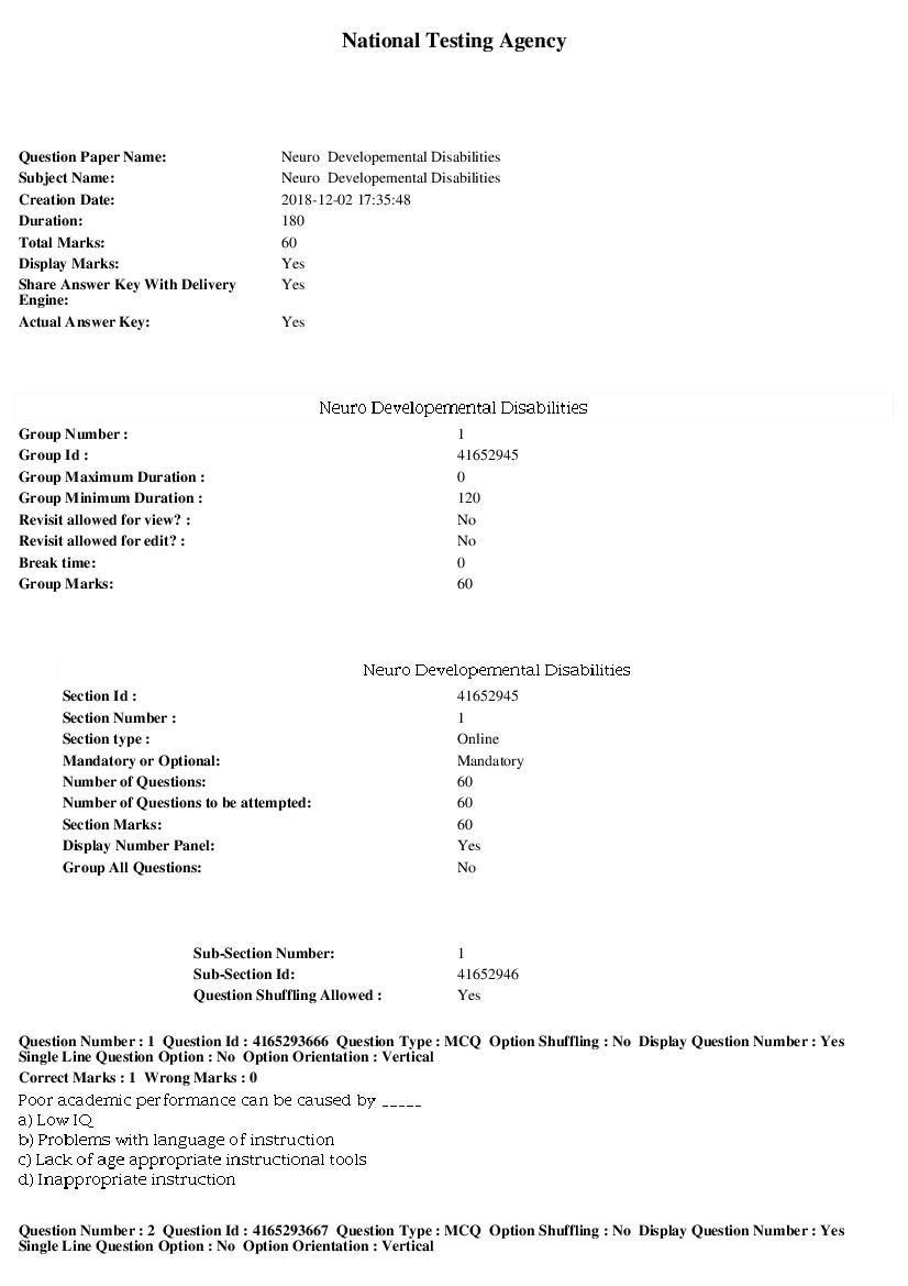 SWAYAM 2018 Question Paper Neuro Developemental Disabilities - Page 1 of 11