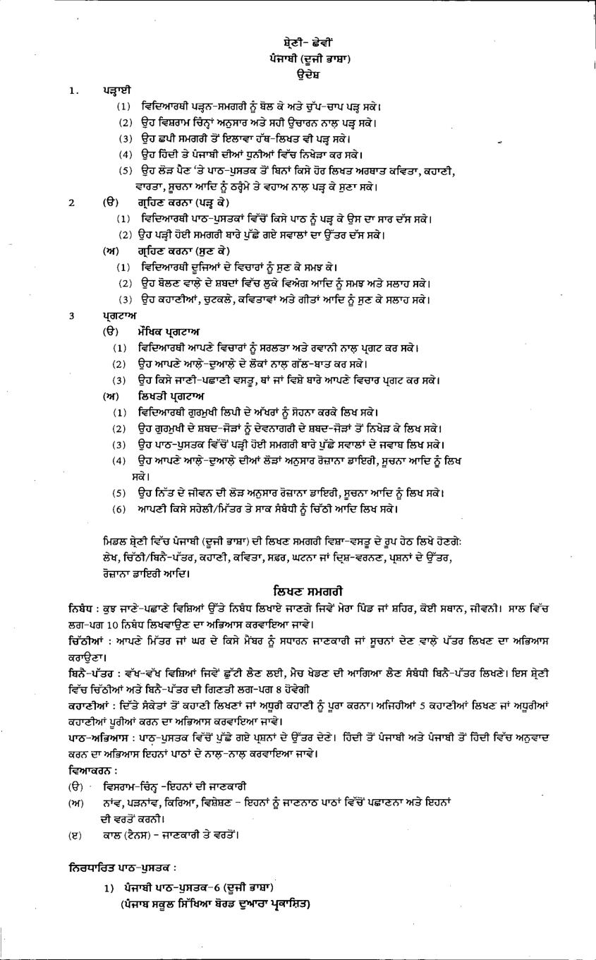 PSEB 6th Class Syllabus 2023 Punjabi 2nd language - Page 1