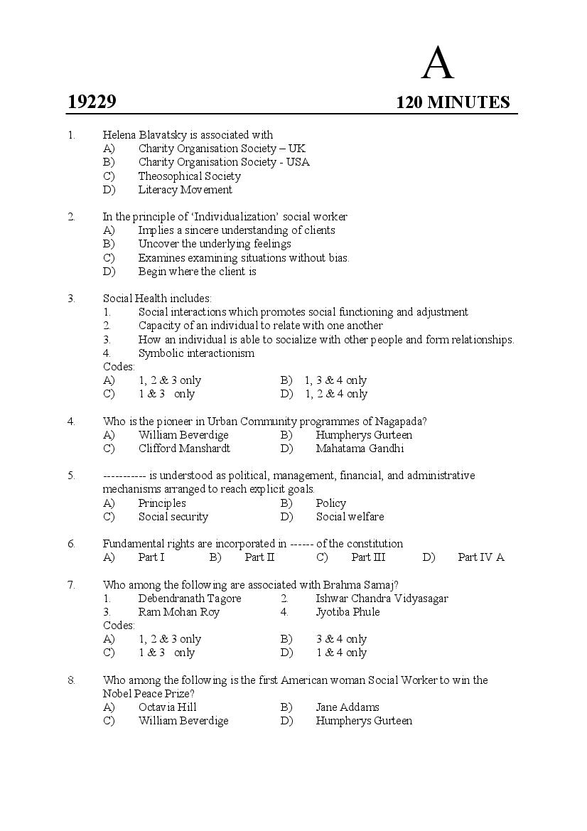 Kerala SET 2019 Feb Question Paper Social Work - Page 1 of 14