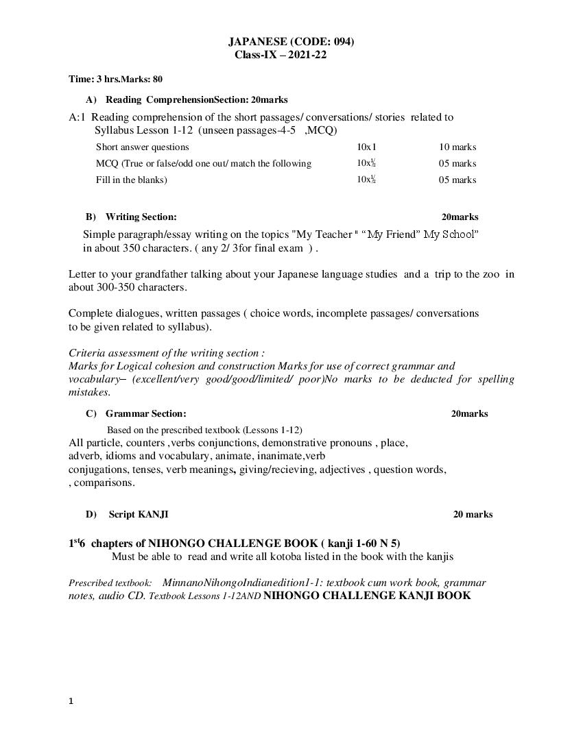 CBSE Class 9 Japanese Syllabus 2021-22 - Page 1 of 2