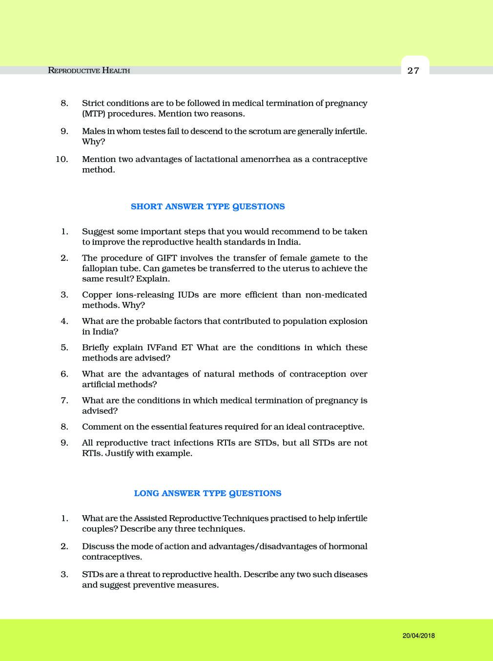 NCERT Exemplar Class 12 Biology Chapter 4 Reproductive Health