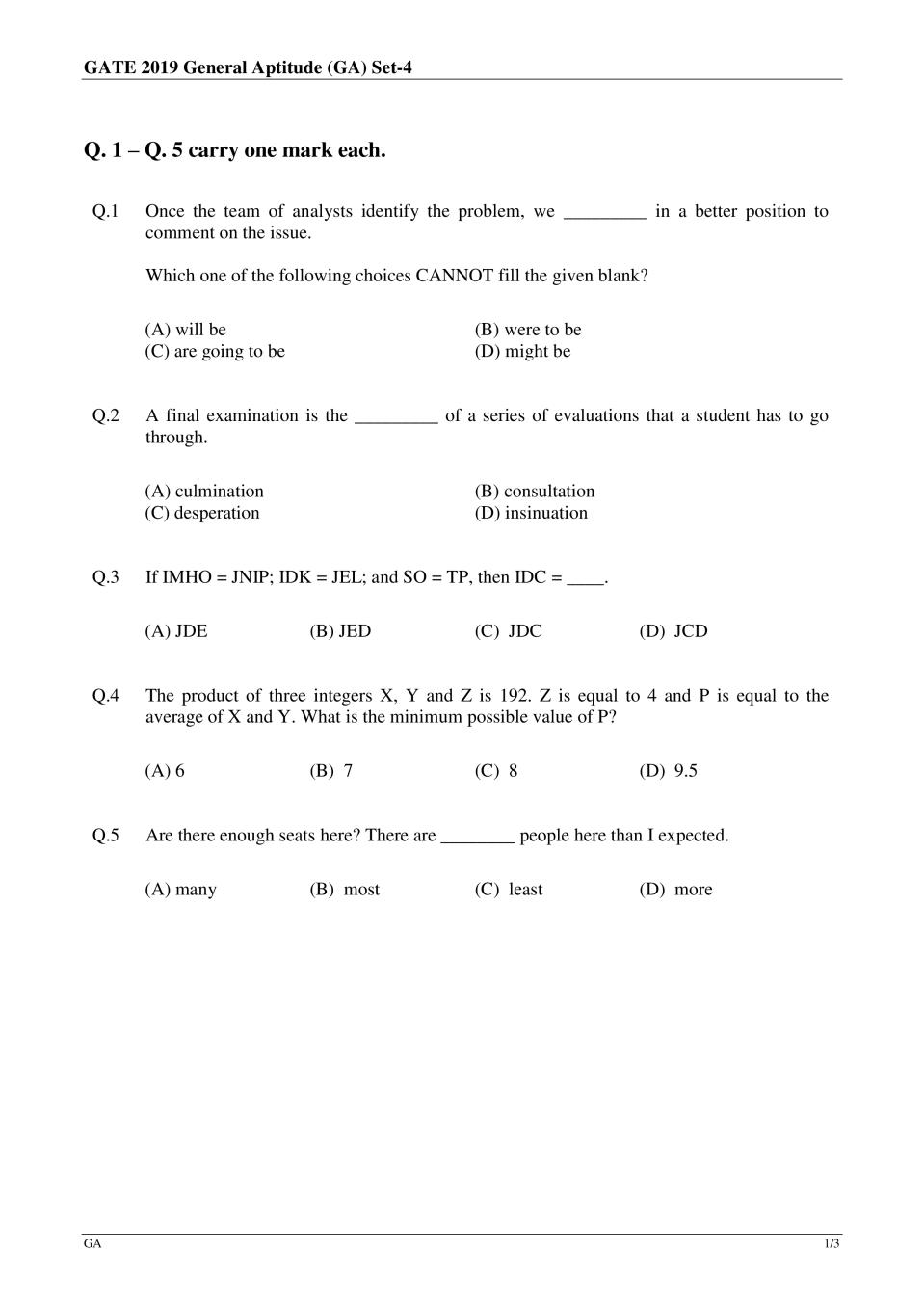 GATE 2019 Life Sciences (XL-P) Question Paper with Answer - Page 1